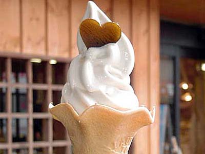 小豆島の佃煮屋で「佃煮ソフトクリーム」。カラメルみたい。